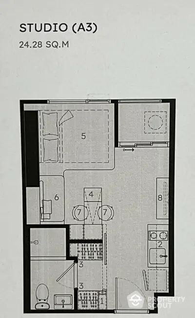 Studio apartment floor plan with efficient layout and modern amenities