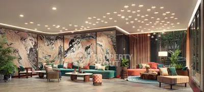 Luxurious modern living room with elegant decor and ambient lighting