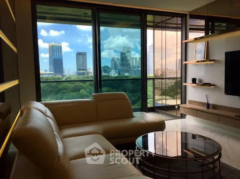 Luxurious living room with stunning city view and modern furnishings