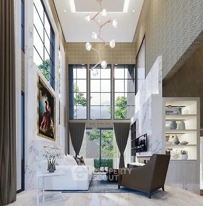 Luxurious modern living room with high ceilings, large windows, and elegant decor.
