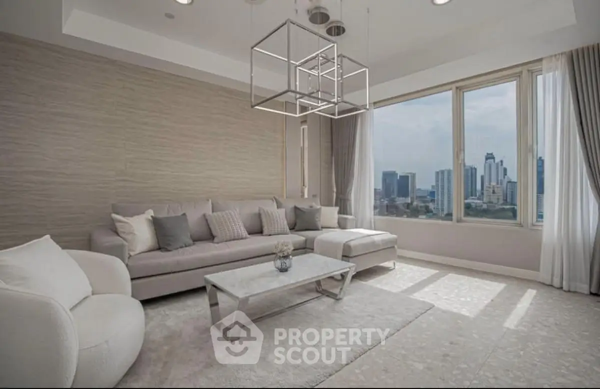 Luxurious living room with modern decor and stunning city view