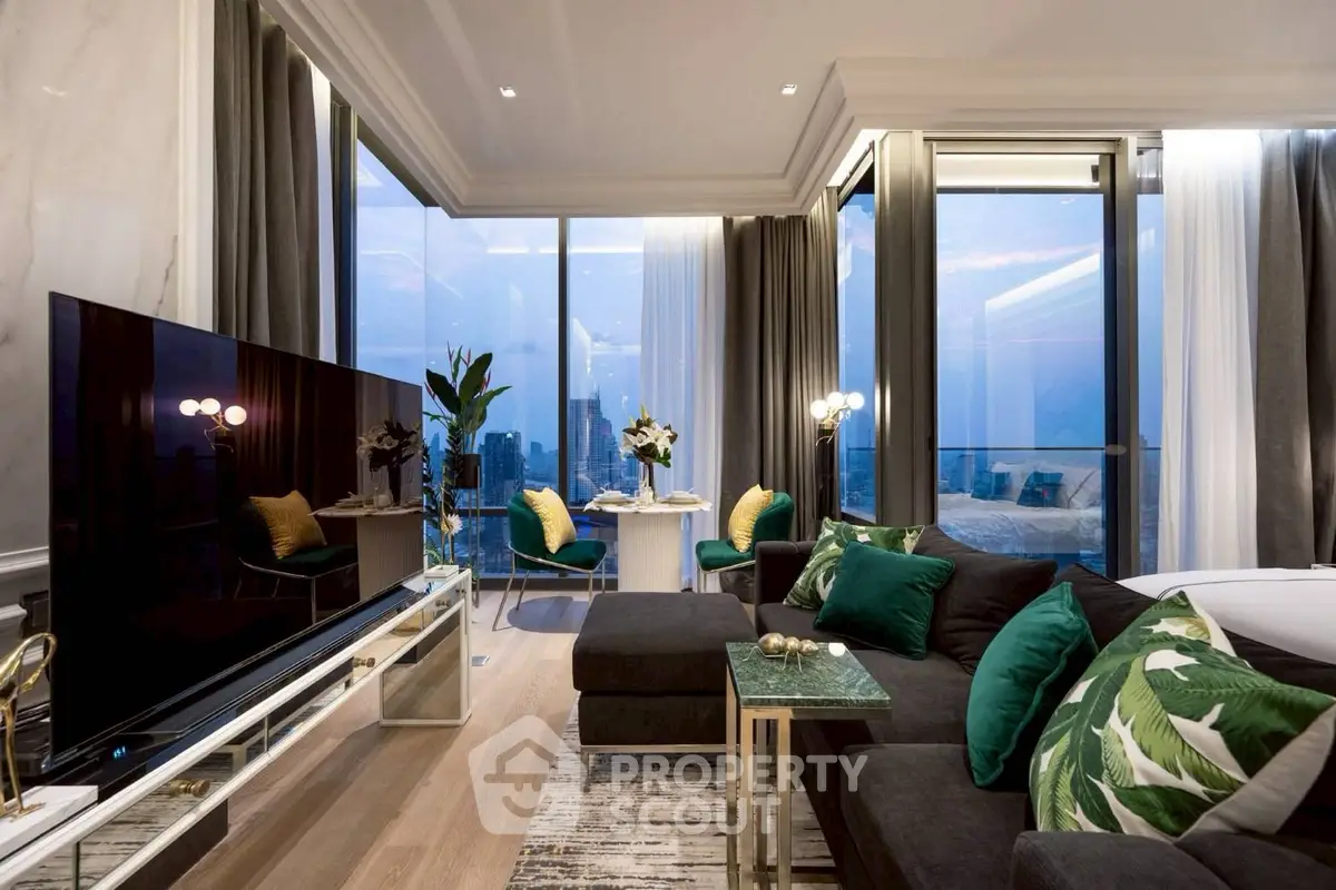 Luxurious modern living room with panoramic city views and elegant decor