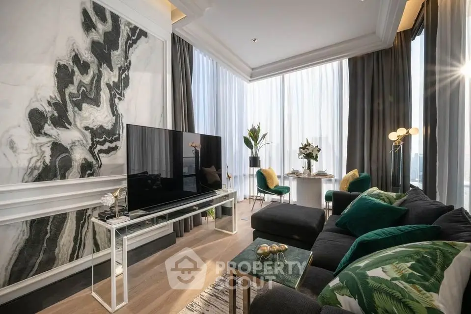 Luxurious modern living room with elegant decor and panoramic city views.