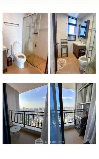 Modern bathroom and balcony with city view in high-rise apartment