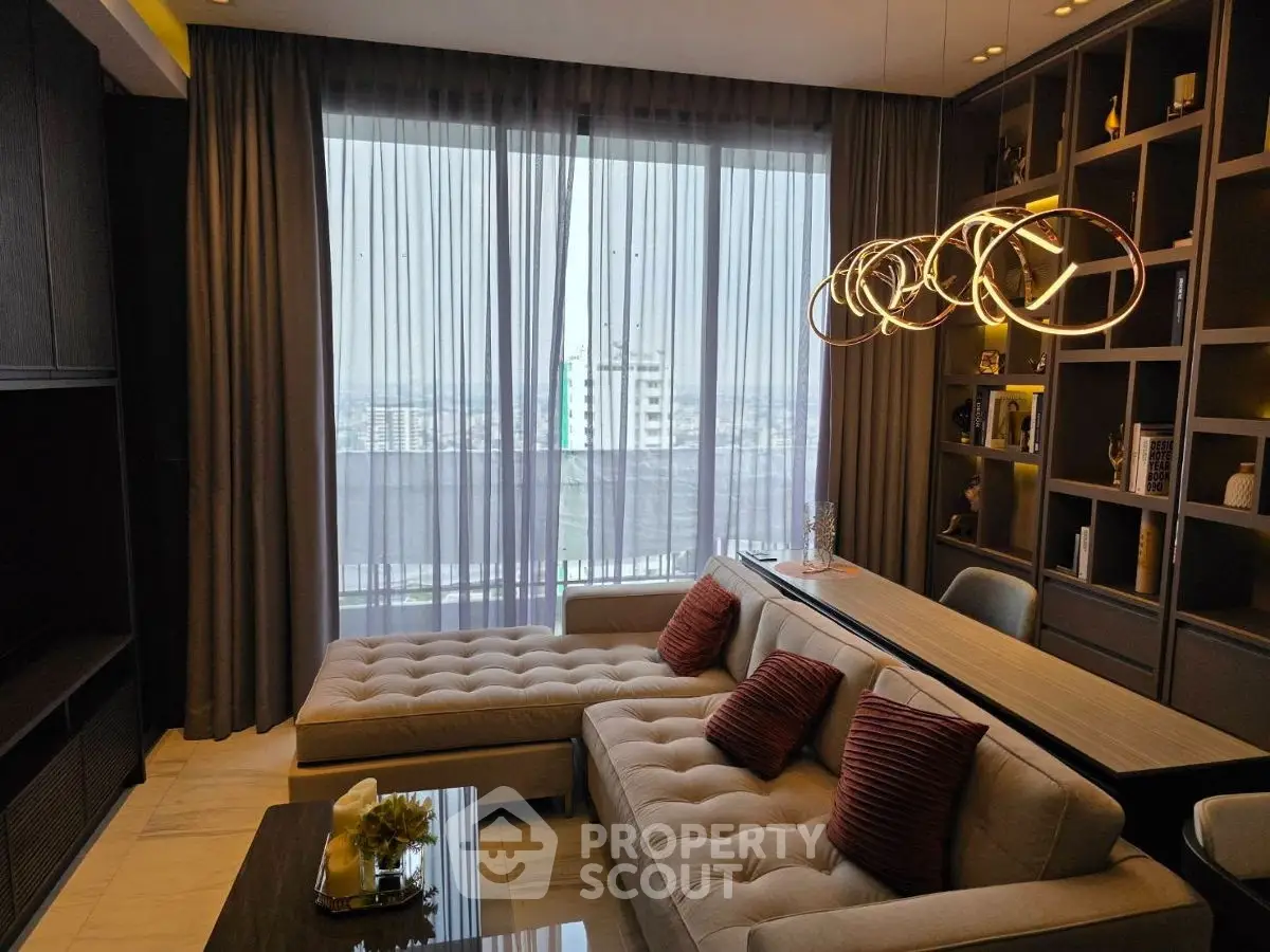 Luxurious living room with modern decor and city view