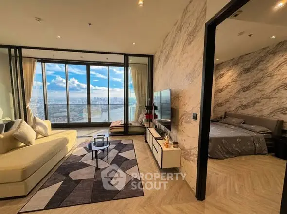 Luxurious living room with stunning city view and elegant bedroom