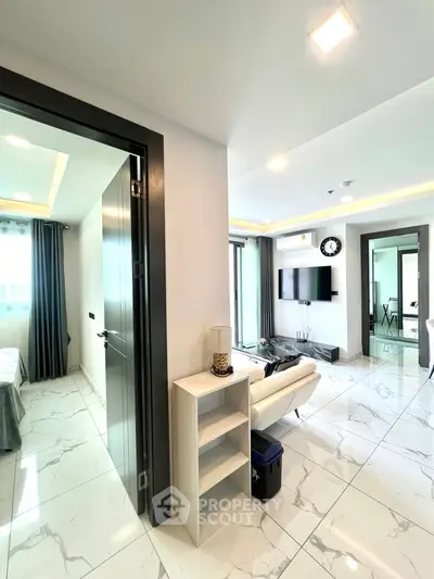 Modern apartment interior with sleek white tiles and stylish decor
