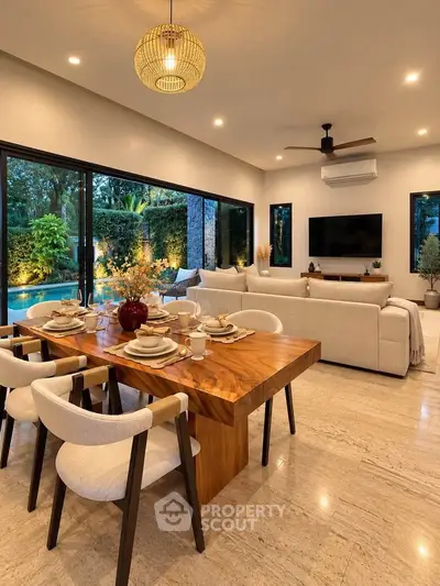 Luxurious open-plan living room with elegant dining area and pool view, perfect for modern living.