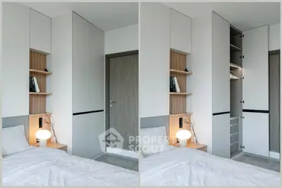 Modern bedroom with sleek storage solutions and minimalist design