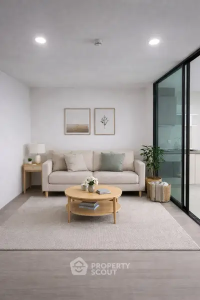 Modern living room with cozy sofa, elegant decor, and natural light