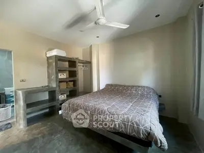 Modern minimalist bedroom with concrete shelves and ceiling fan