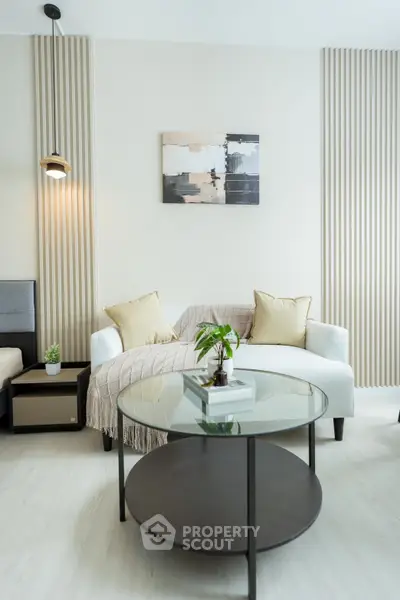 Modern living room with stylish decor and cozy seating area
