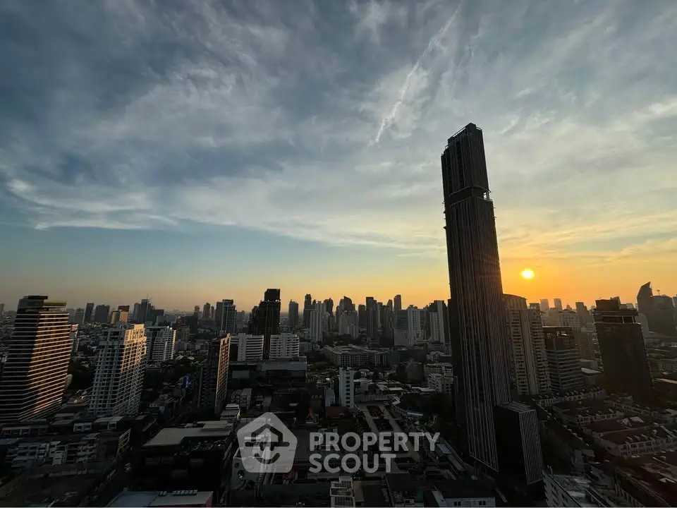 Stunning cityscape view at sunset with towering skyscrapers and vibrant skyline.