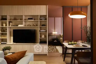 Stylish modern living room with open layout and elegant dining area, featuring warm tones and sleek furniture.