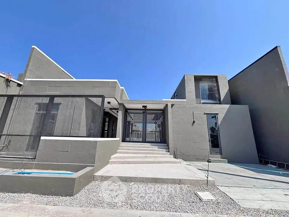 Modern architectural home exterior with sleek design and spacious entrance.