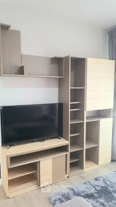 Modern living room with sleek TV stand and shelving unit