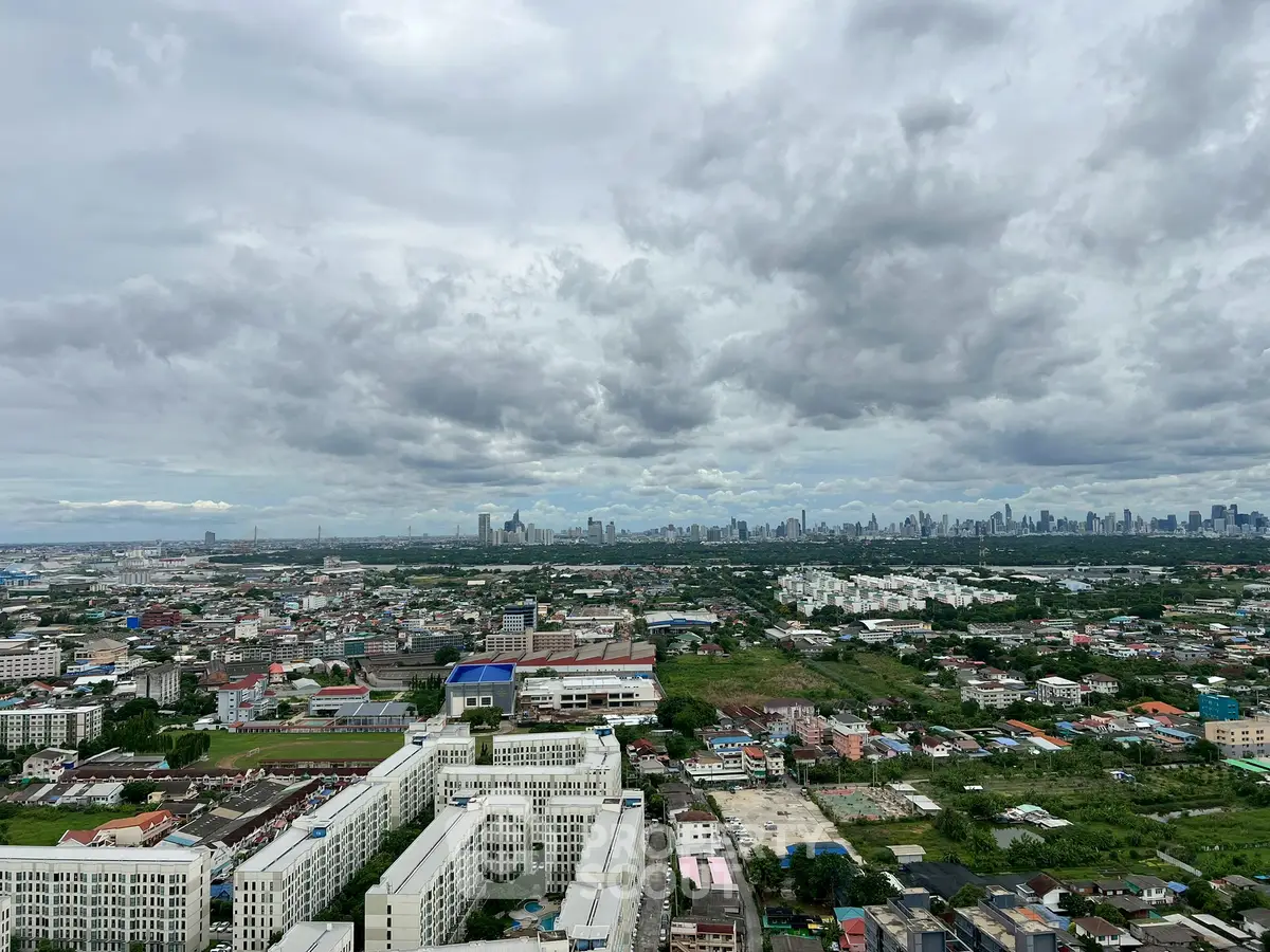 Stunning cityscape view showcasing expansive urban skyline and lush greenery under dramatic cloudy skies.