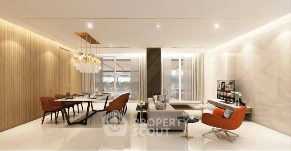 Luxurious modern living room with elegant dining area and stylish decor