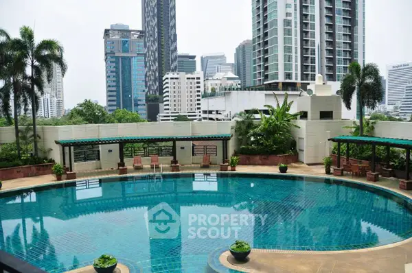 Luxurious rooftop pool with stunning city skyline views in modern high-rise building.