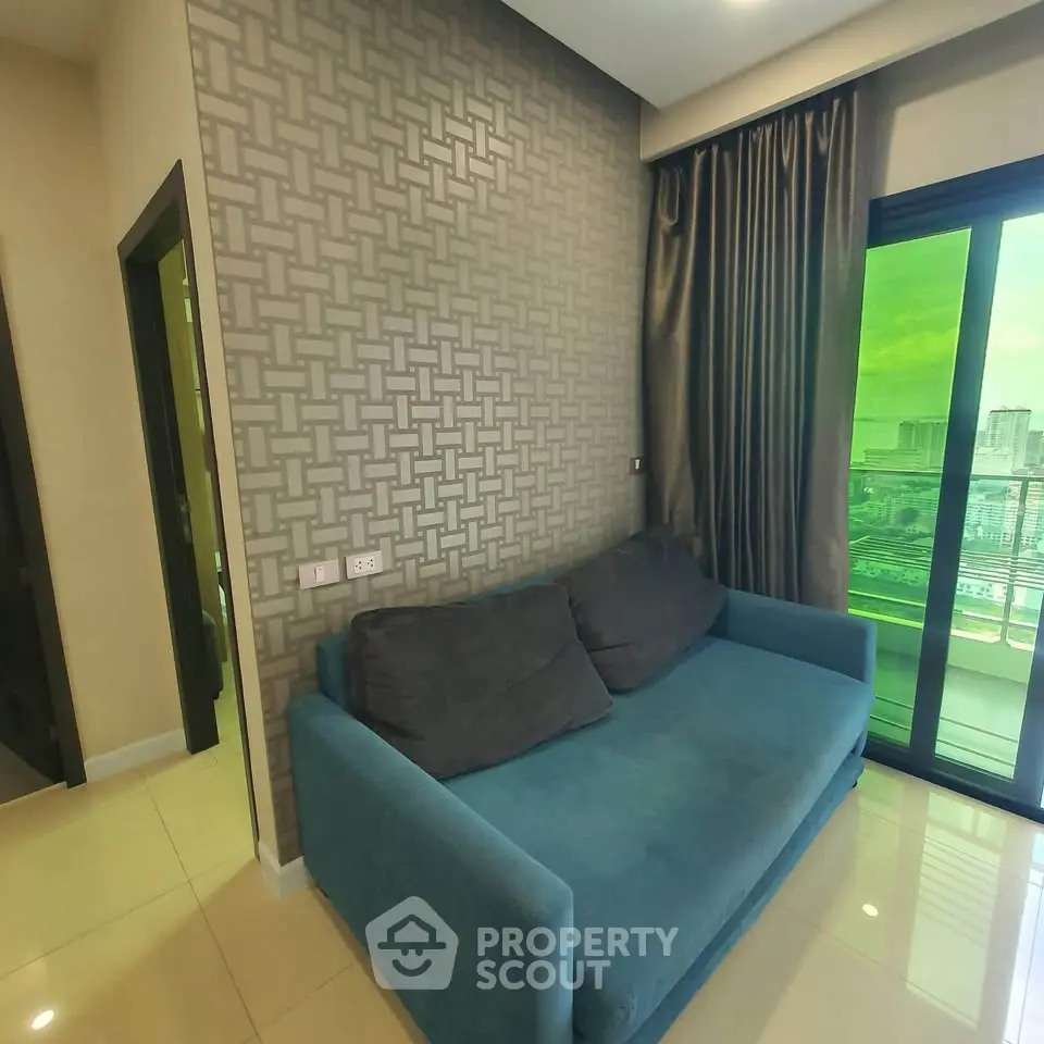 Modern living room with stylish sofa and city view balcony