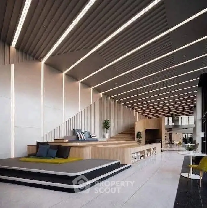 Stunning modern living room with unique architectural ceiling and open layout design.