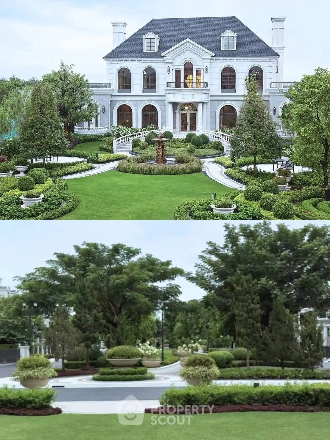 Luxurious mansion with manicured gardens and elegant landscaping, showcasing grandeur and sophistication.