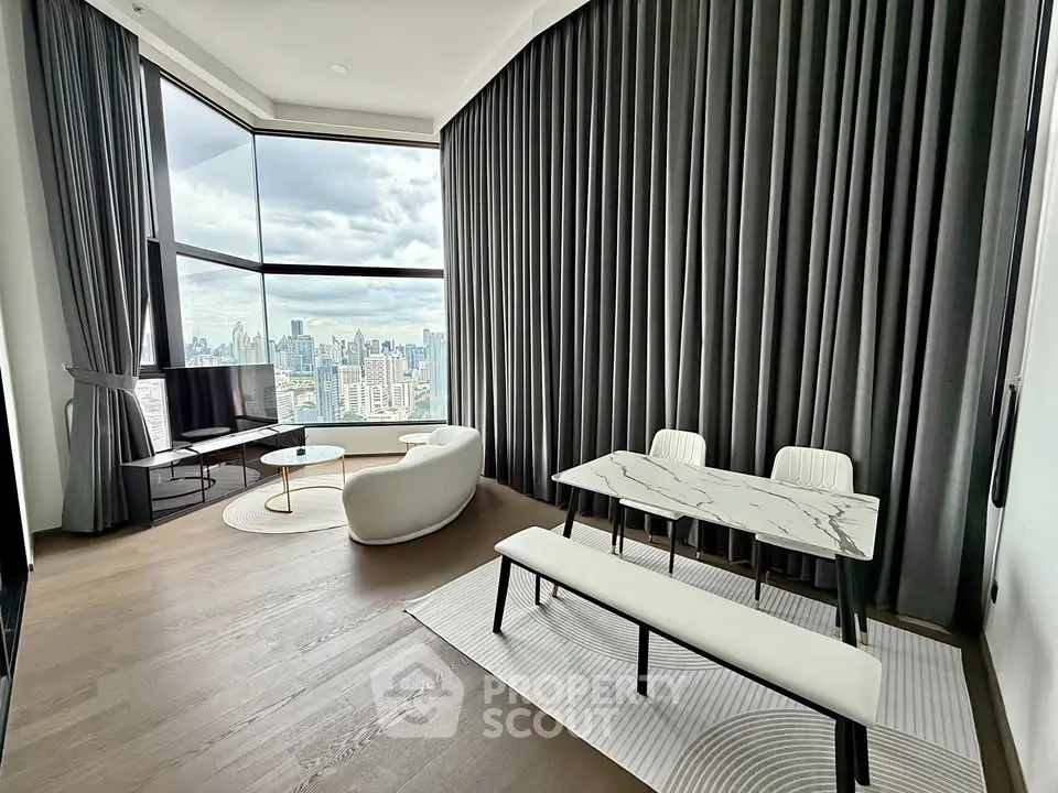 Luxurious modern living room with panoramic city view and elegant furnishings