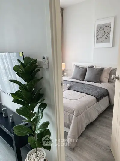 Modern bedroom with stylish decor and cozy ambiance, featuring a lush indoor plant and elegant artwork.