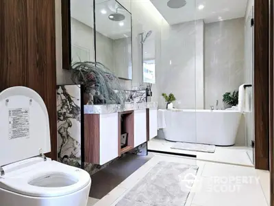 Luxurious modern bathroom with elegant bathtub and stylish decor