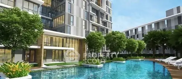 Luxurious modern apartment complex with stunning pool and lush greenery.