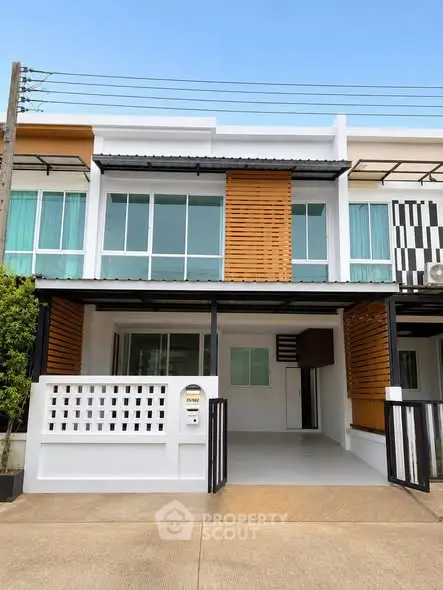 Modern townhouse exterior with stylish facade and large windows, perfect for contemporary living.