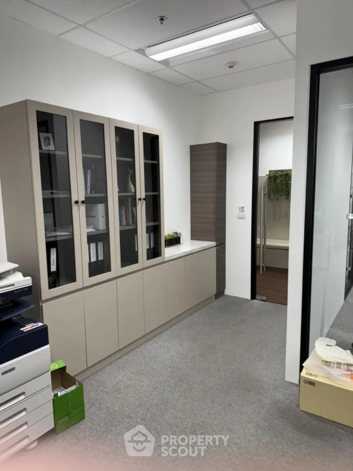Modern office space with storage cabinets and printer, ideal for professional work environment.