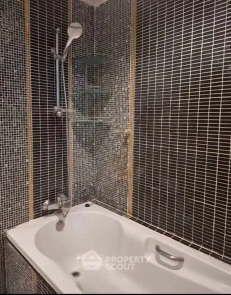 Modern bathroom with stylish mosaic tiles and bathtub