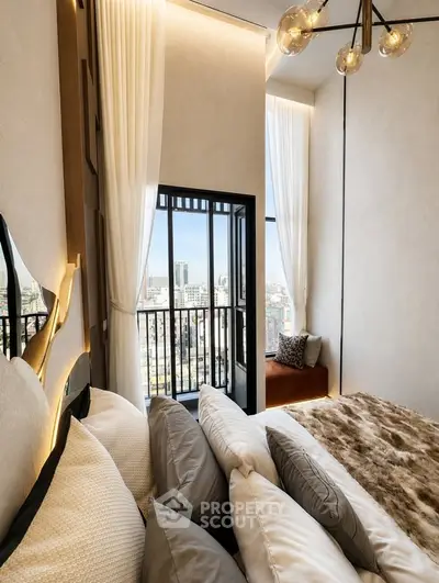 Luxurious bedroom with floor-to-ceiling windows and city view, featuring elegant decor and plush bedding.