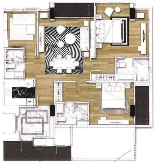 Modern apartment floor plan with stylish interior layout and spacious rooms.