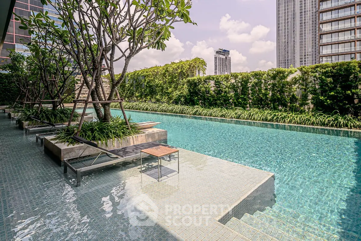 Luxurious rooftop pool with lush greenery and city skyline views, perfect for relaxation and leisure.