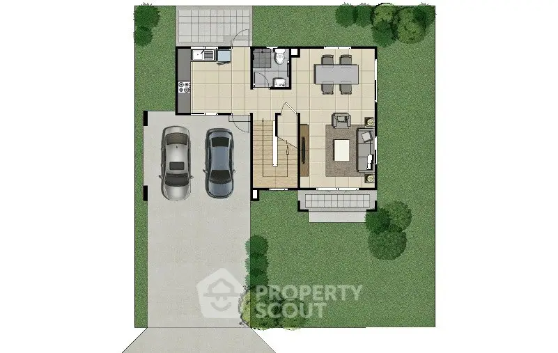 Modern house floor plan with spacious living area and two-car garage, surrounded by lush greenery.