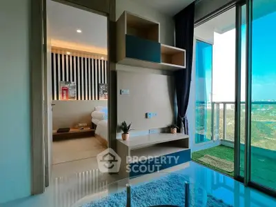 Modern apartment with stylish living room and balcony view