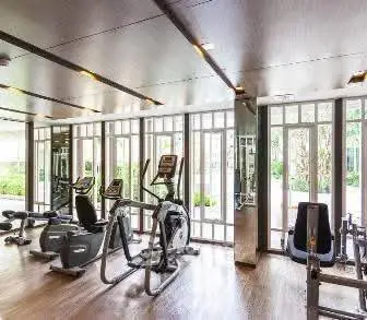 Modern gym with state-of-the-art equipment and large windows in luxury apartment building.