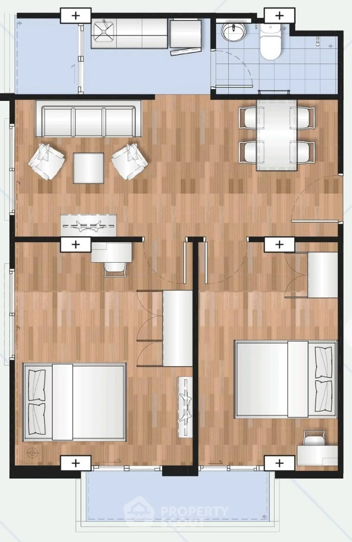 Modern apartment floor plan with two bedrooms, open living area, and balcony.