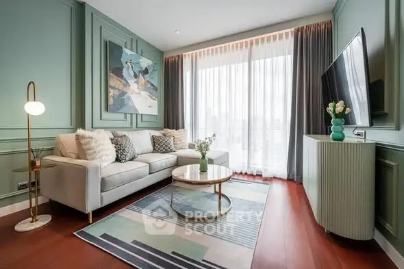 Elegant living room with modern decor, large window, and stylish furniture.
