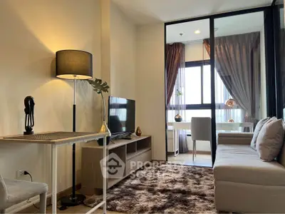 Modern living room with cozy sofa and stylish decor