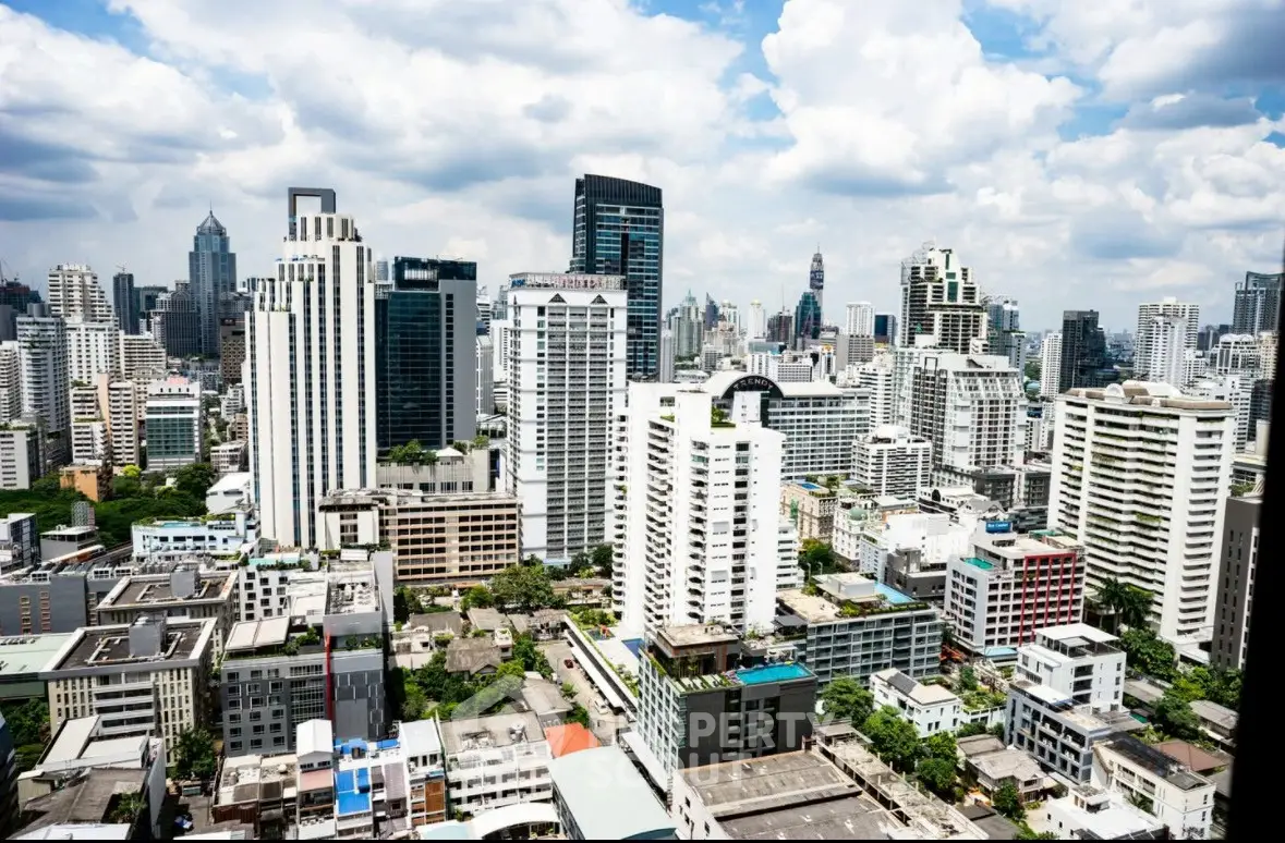 Stunning cityscape view of modern high-rise buildings under a vibrant blue sky.