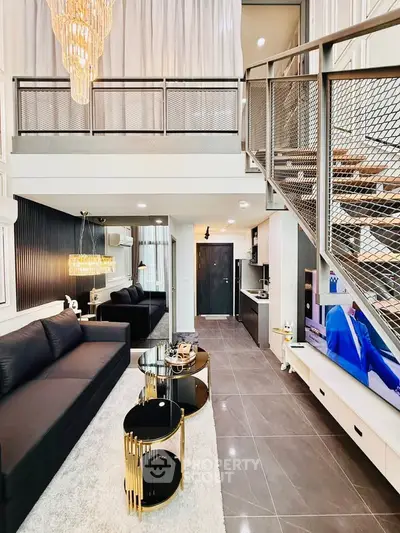 Luxurious modern living room with high ceilings and elegant decor