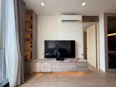 Modern living room with sleek TV setup and stylish decor