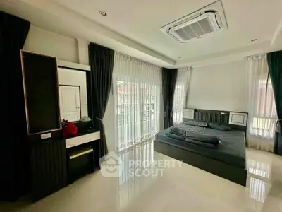 Spacious modern bedroom with large windows and elegant furnishings