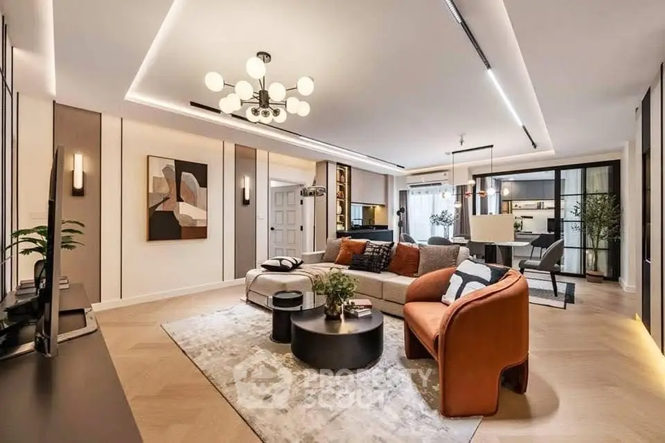 Luxurious modern living room with stylish decor and elegant lighting