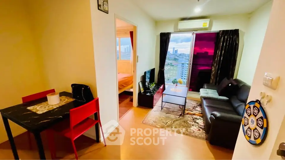 Modern apartment living room with city view, stylish furniture, and vibrant decor.