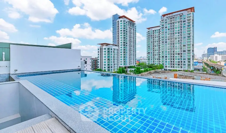 Stunning rooftop pool with cityscape views and modern high-rise buildings.