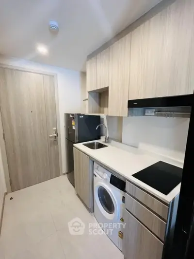 Modern compact kitchen with sleek appliances and stylish cabinetry